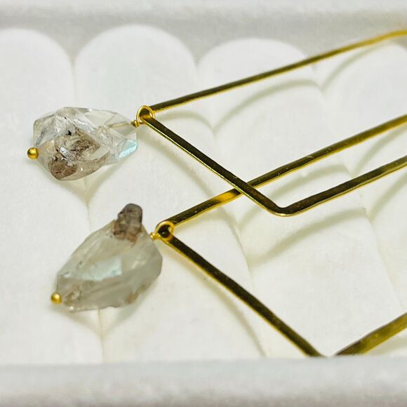 brass rectangle earrings w/ raw stone/crystal - Picture 3 of 11